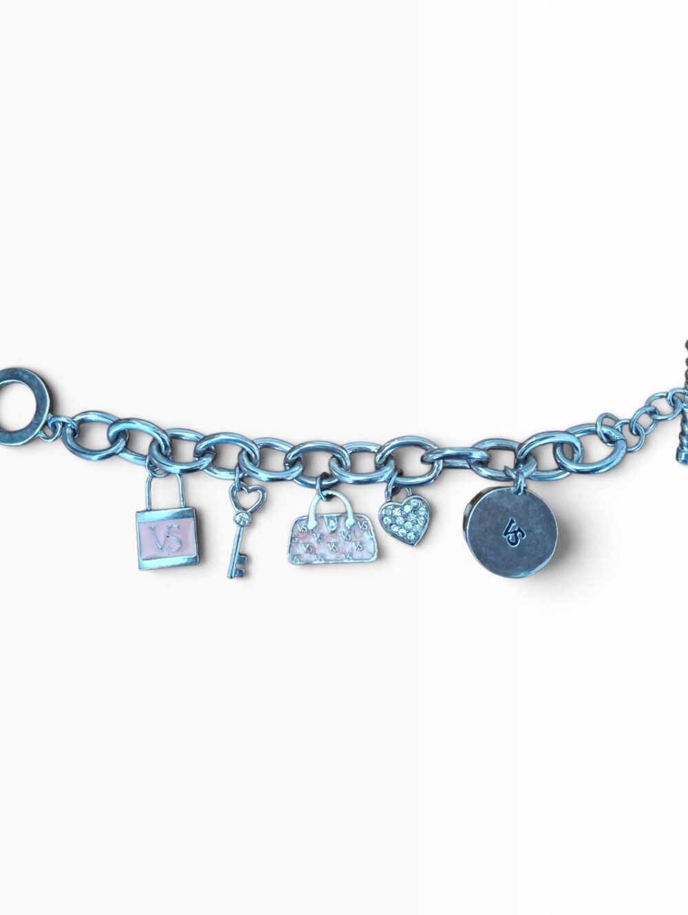 Vintage Victoria's Secret Y2K Charm Bracelet Silver Tone Pink Enamel Rhinestone